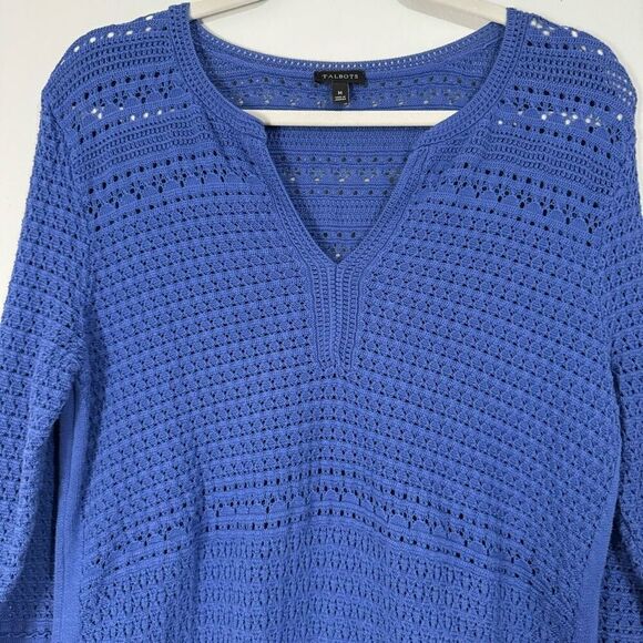 Talbots Blue Open Knit Half Sleeve V-Neck Pullover M - Picture 2 of 5
